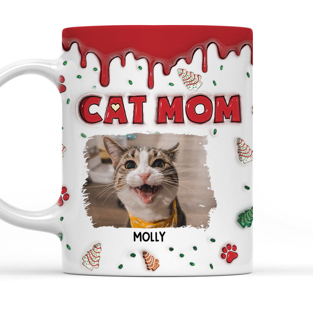 Personalized Custom 3D Inflated Effect Cat Mom Christmas Cake Photo Mug - 11oz & 15oz