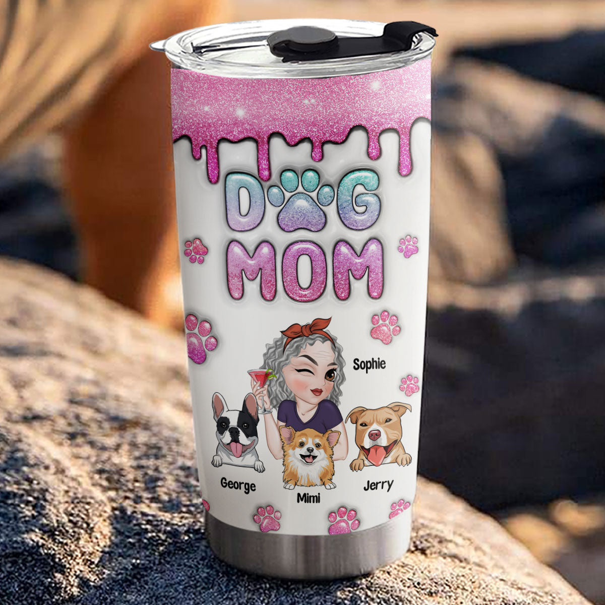 Dog Mom Glitter - Personalized Custom 3D Inflated Effect 20oz Stainless Steel Tumbler with Thousands of Cool Designs