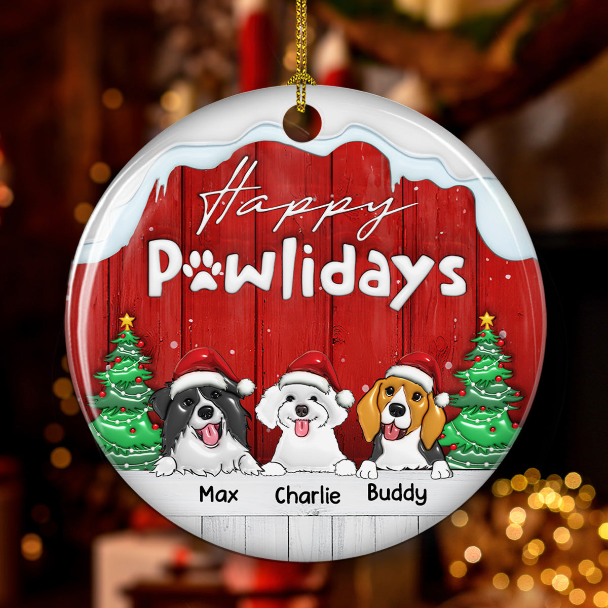 Happy Holiday Personalized Custom 3D Inflated Effect Premium White Ceramic Ornament for Dogs - Ideal Christmas Keepsake