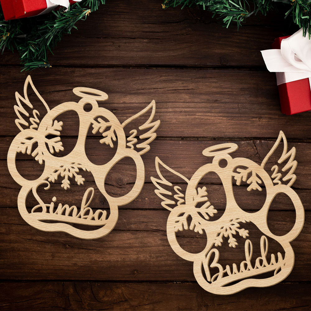 Personalized Custom 1 - Layered Dog Paw And Wings Wood Christmas Ornament for Pet Lovers