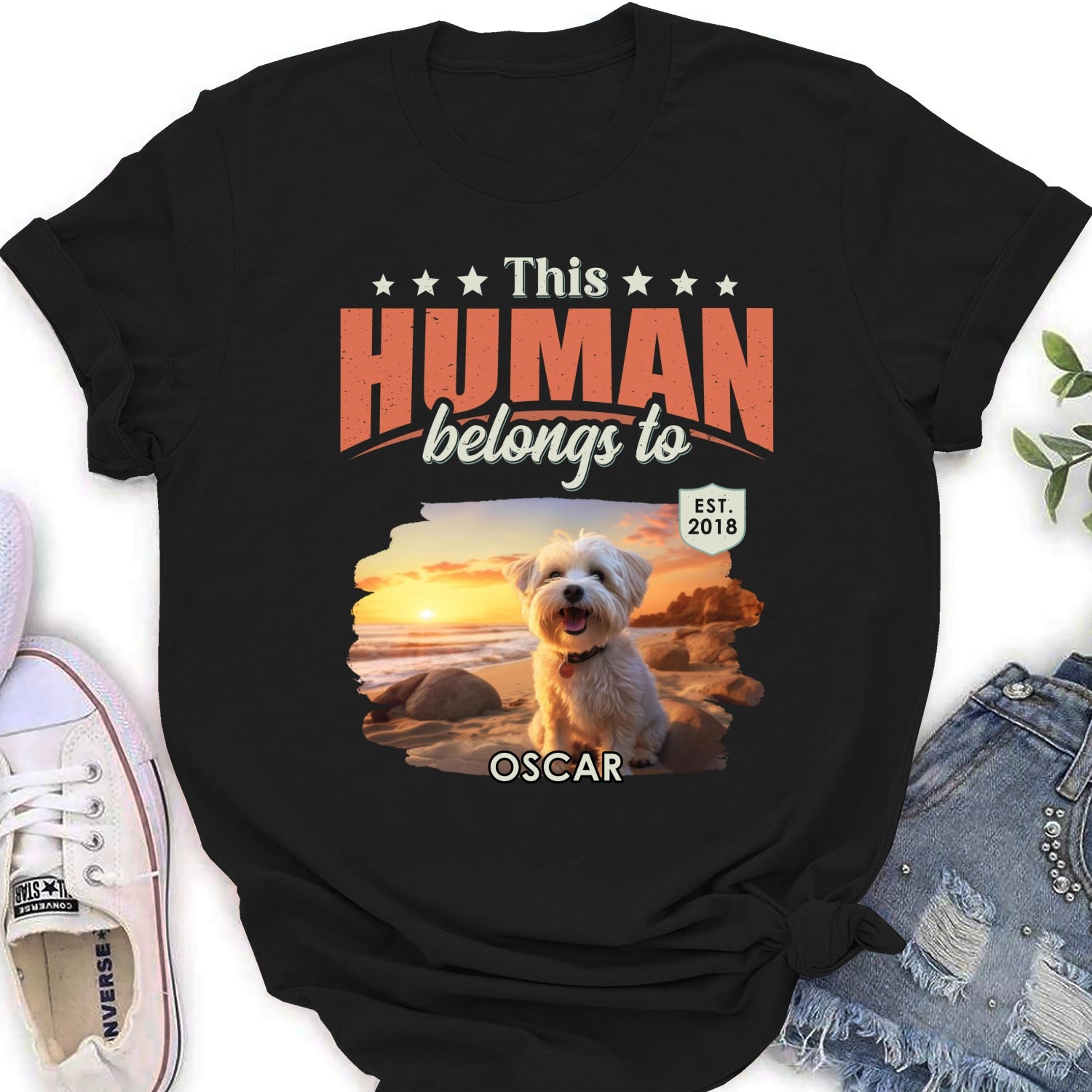 Personalized Custom Women's 'This Human Belongs To Dogs' Photo T-Shirt - Ideal Gift for Pet Lovers