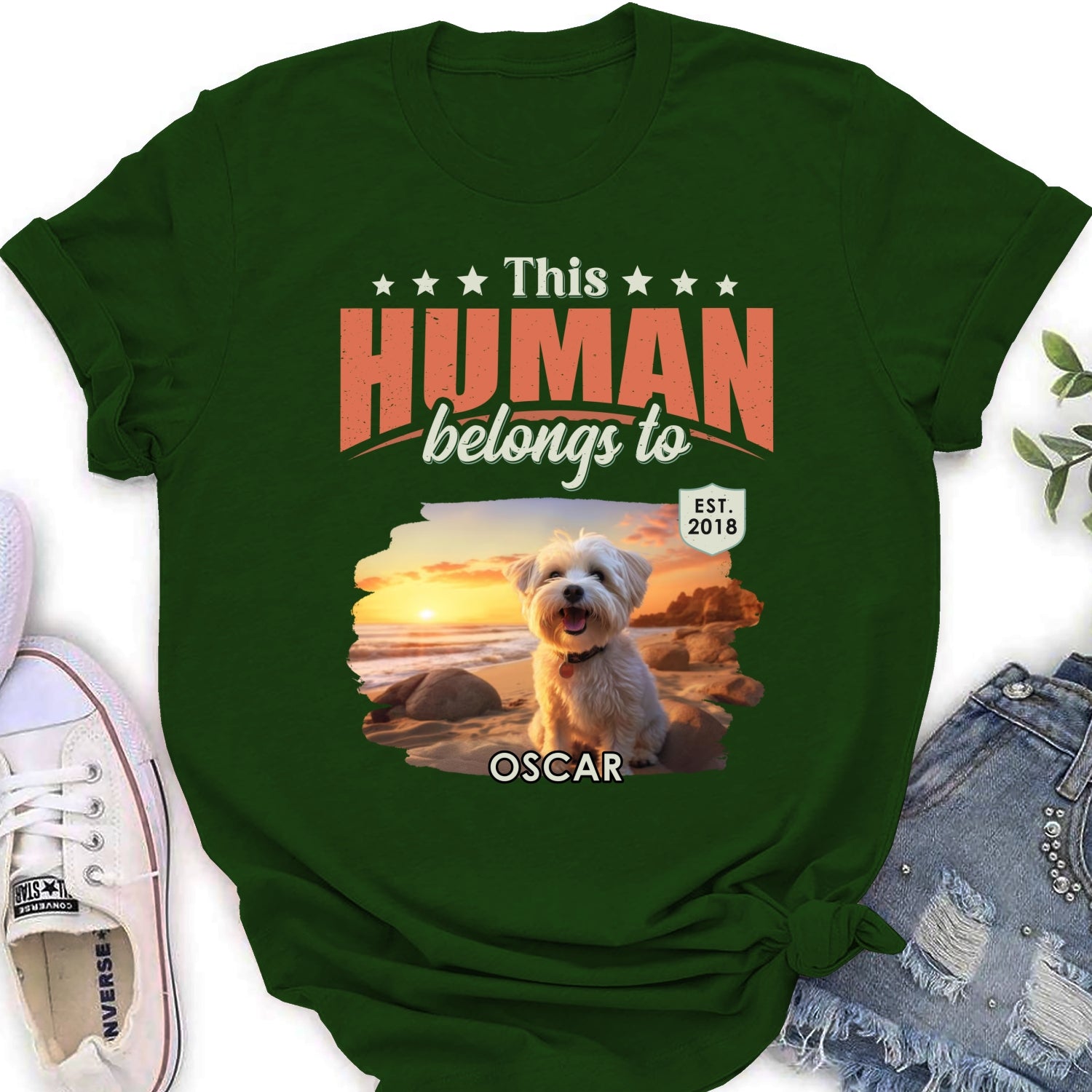 Personalized Custom Women's 'This Human Belongs To Dogs' Photo T-Shirt - Ideal Gift for Pet Lovers