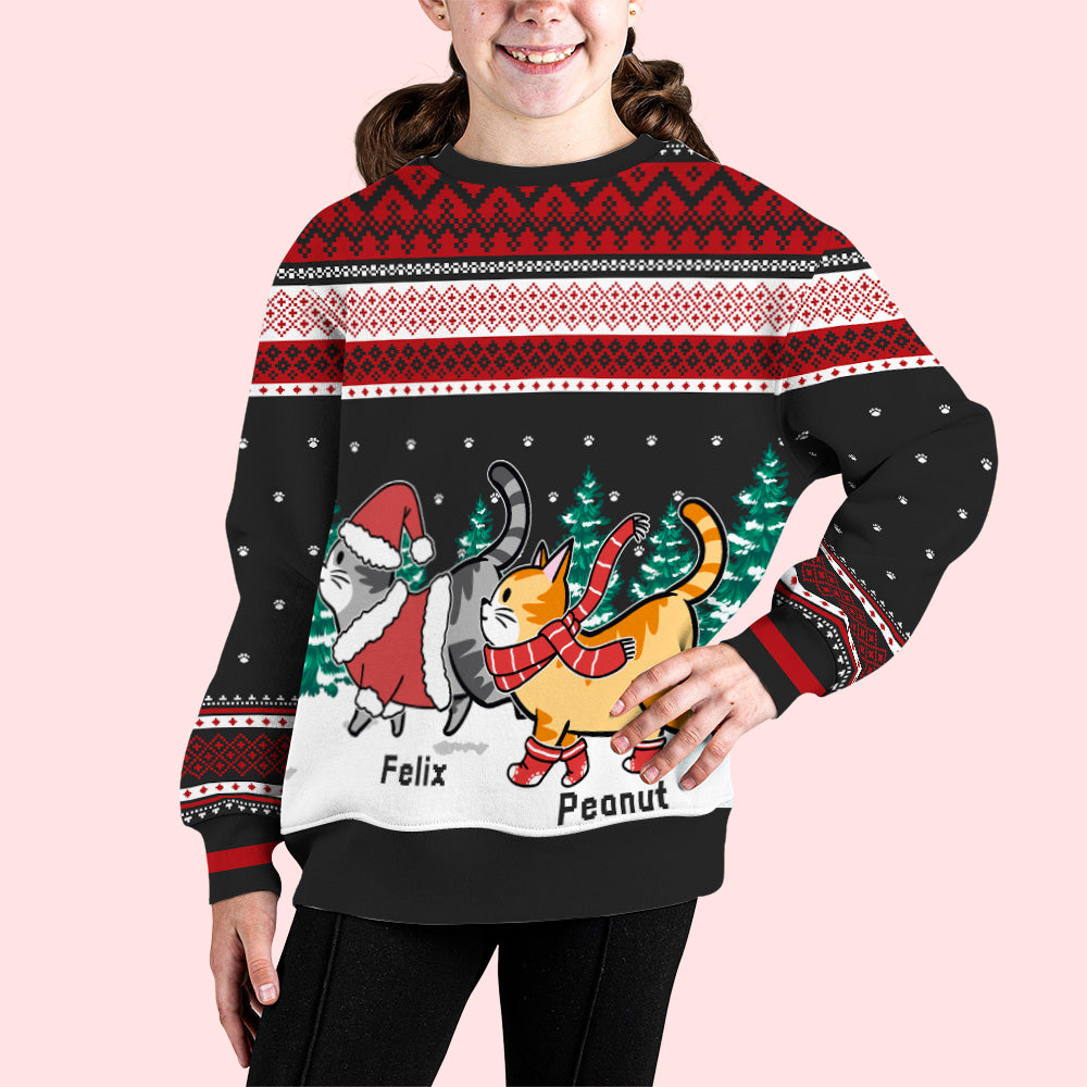 Adorable Cat Walking In Snow - Personalized Custom All-Over-Print Unisex Kids Sweatshirt