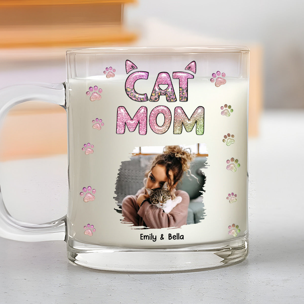 Cat Mom Charming Chibi Version Personalized Custom 3D Inflated Effect Glass Mug for Memorable Gifts