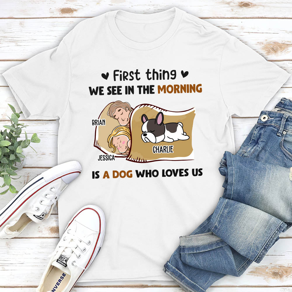 Morning First Thing Couple - Personalized Custom Unisex 5.3 oz T-shirt for Pet Lovers