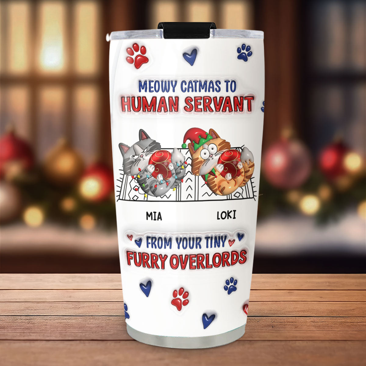 Meowy Catmas Personalized 3D Inflated Effect Custom Tumbler - High - Quality 20oz Stainless Steel Drinkware