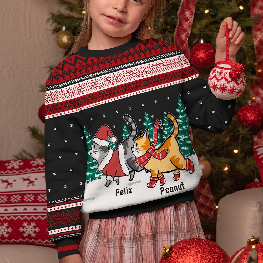 Adorable Cat Walking In Snow - Personalized Custom All-Over-Print Unisex Kids Sweatshirt