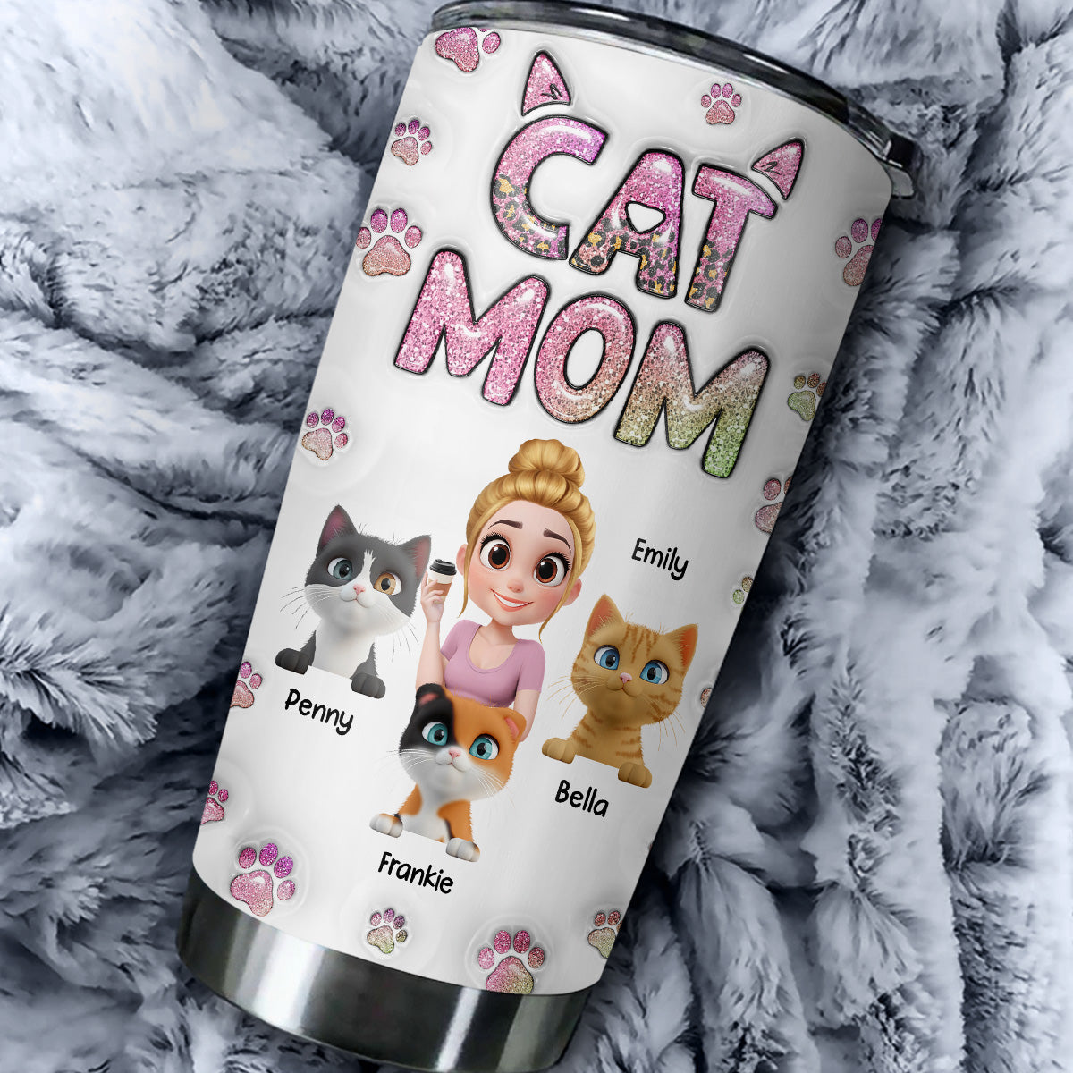 Adorable Cat Mom Chibi Version 2 Personalized Custom 3D Inflated Effect 20oz Stainless Steel Tumbler
