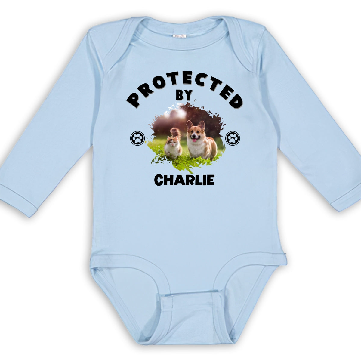 Personalized Custom Long Sleeve Baby Onesie with Human Protected By Pets Photo