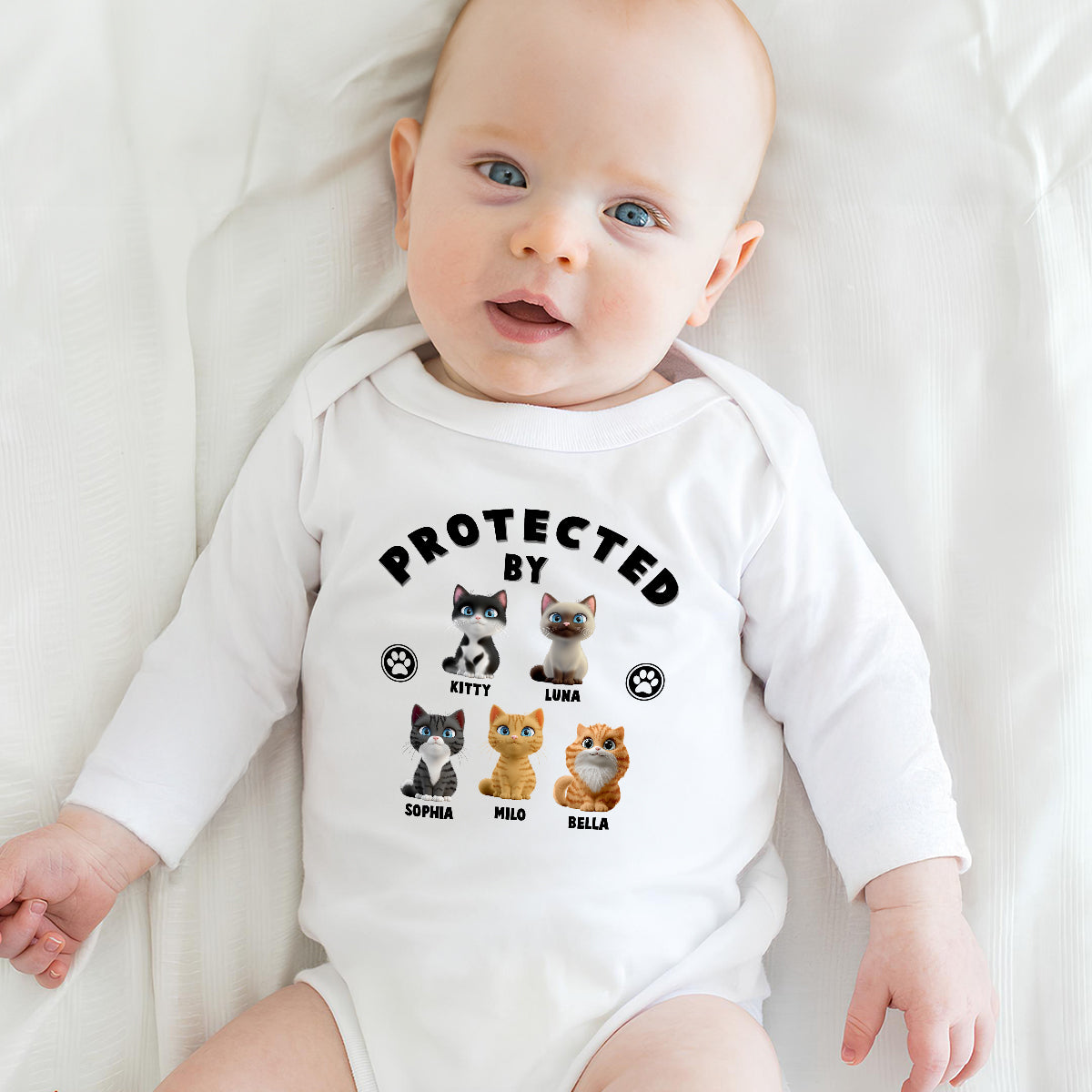 Adorable Personalized Custom Long Sleeve Baby Onesie with Human Protected By Cats Design