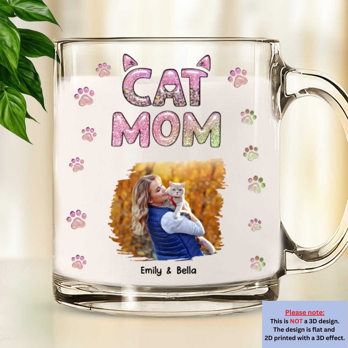 Cat Mom Charming Chibi Version Personalized Custom 3D Inflated Effect Glass Mug for Memorable Gifts