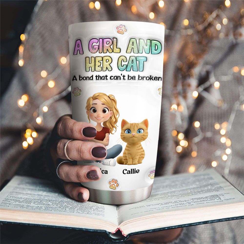 Personalized Custom 3D Inflated Effect Tumbler: A Girl And Her Cat Design