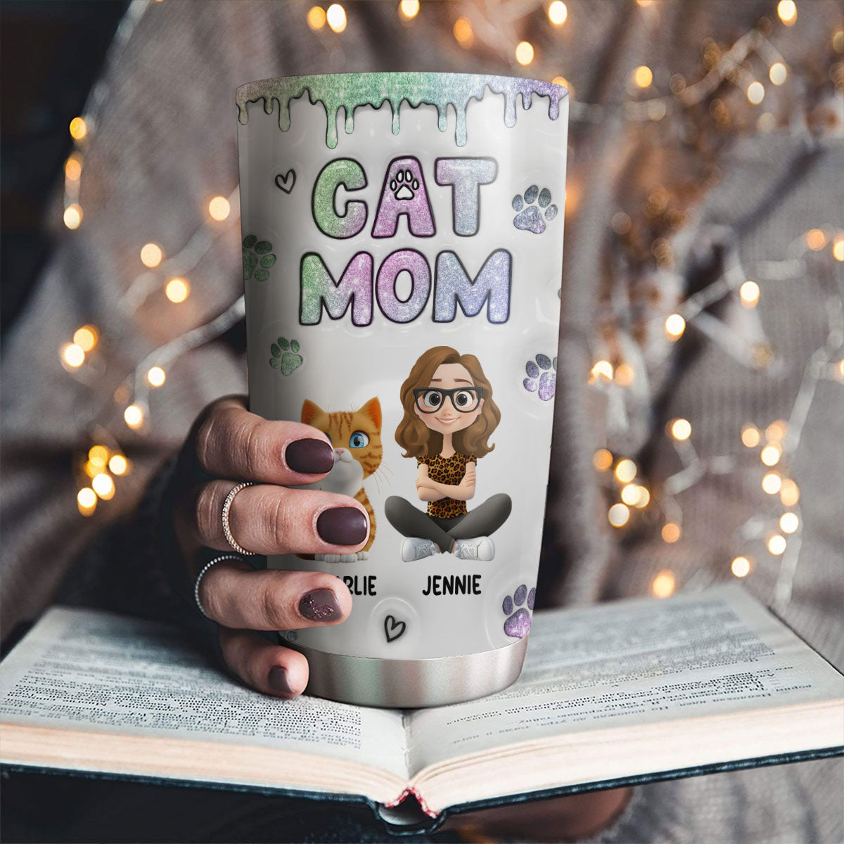 Adorable Chibi Cat Mom Personalized 3D Inflated Effect 20oz Stainless Steel Tumbler for All Occasions