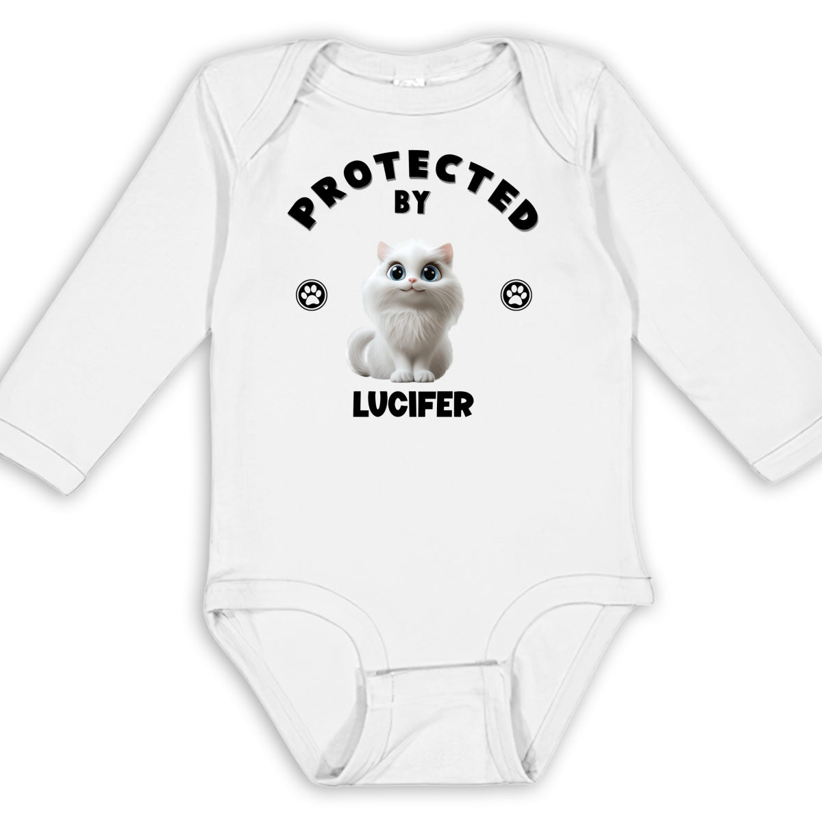 Adorable Personalized Custom Long Sleeve Baby Onesie with Human Protected By Cats Design