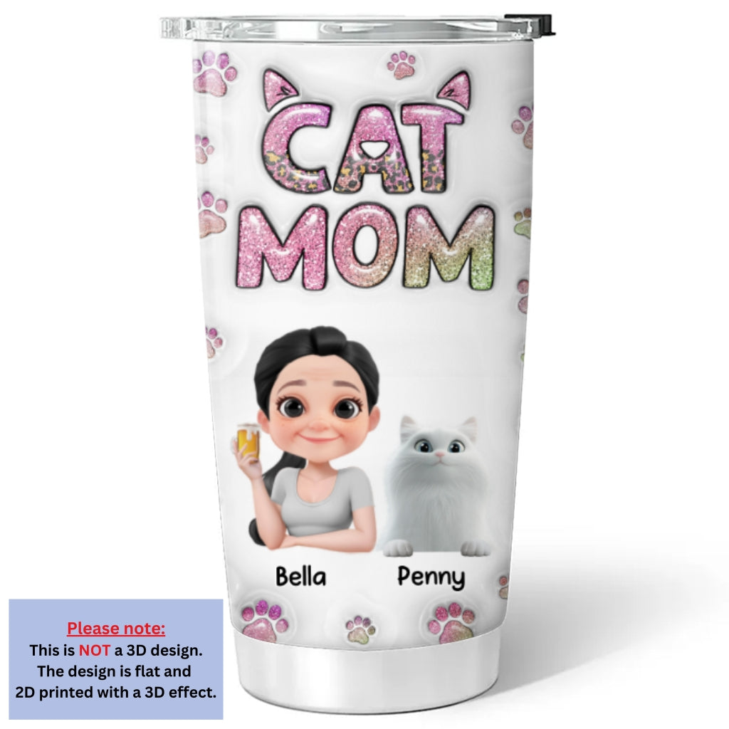 Adorable Cat Mom Chibi Version 2 Personalized Custom 3D Inflated Effect 20oz Stainless Steel Tumbler