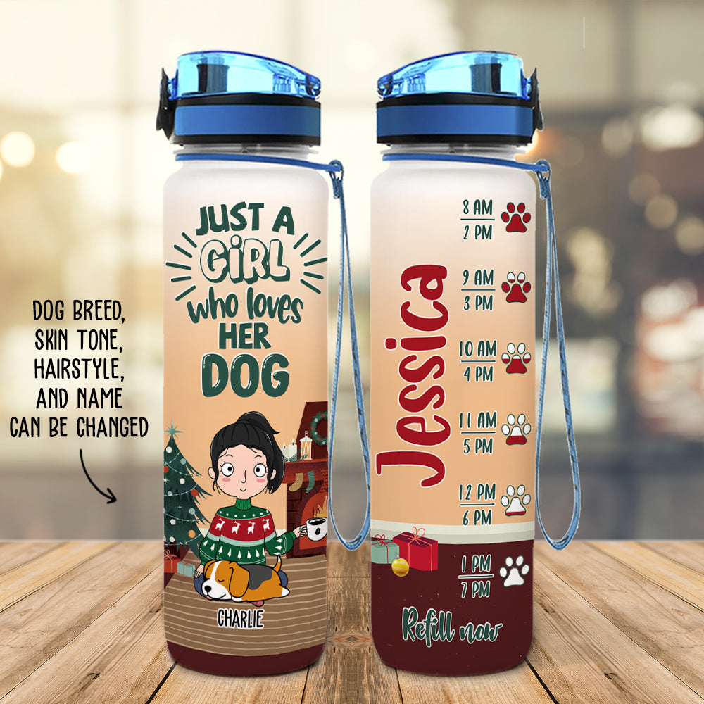 Personalized Custom Christmas Water Tracker Bottle - A Girl Loves Dog Design