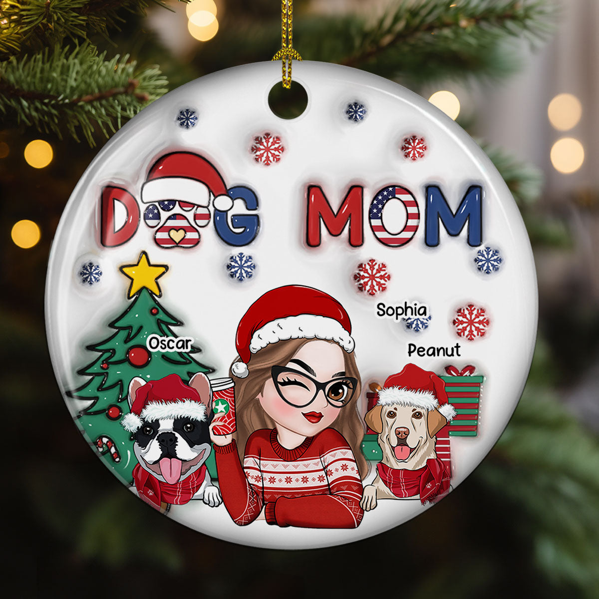 American Dog Mom Christmas - Exquisitely Personalized Custom 3D Inflated Effect Ceramic Christmas Ornament