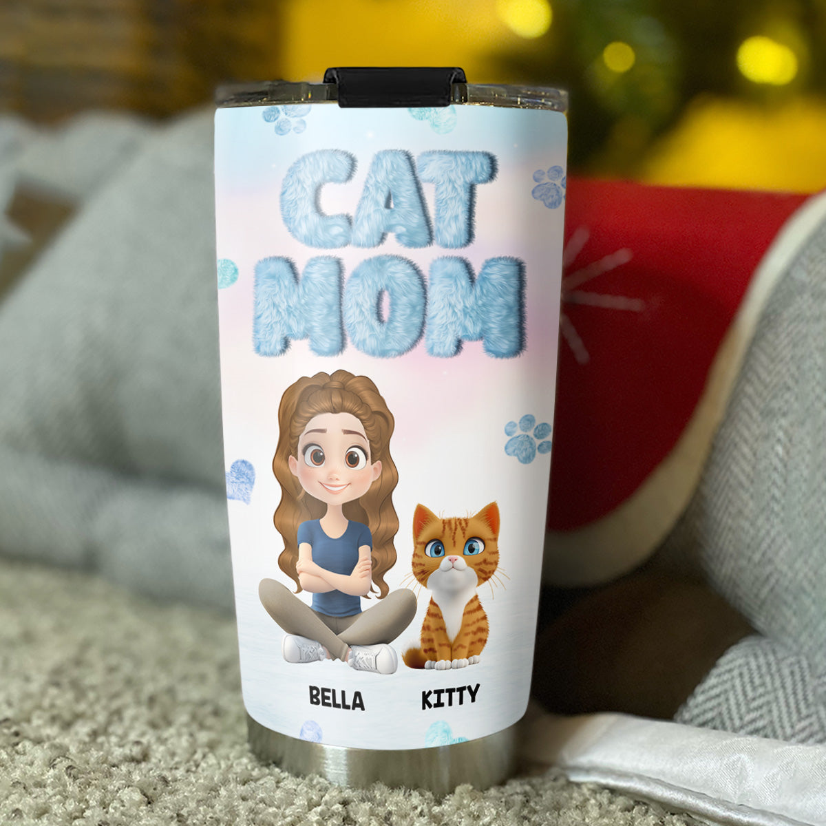 Fluffy Cat Mom - Premium Personalized Custom Stainless Steel Tumbler with 3D Inflated Effect Print