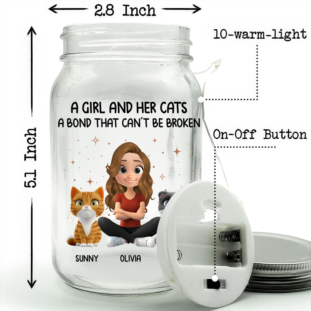 A Girl And Her Cat - 16oz Personalized Custom Mason Jar Light with Warm Starlights