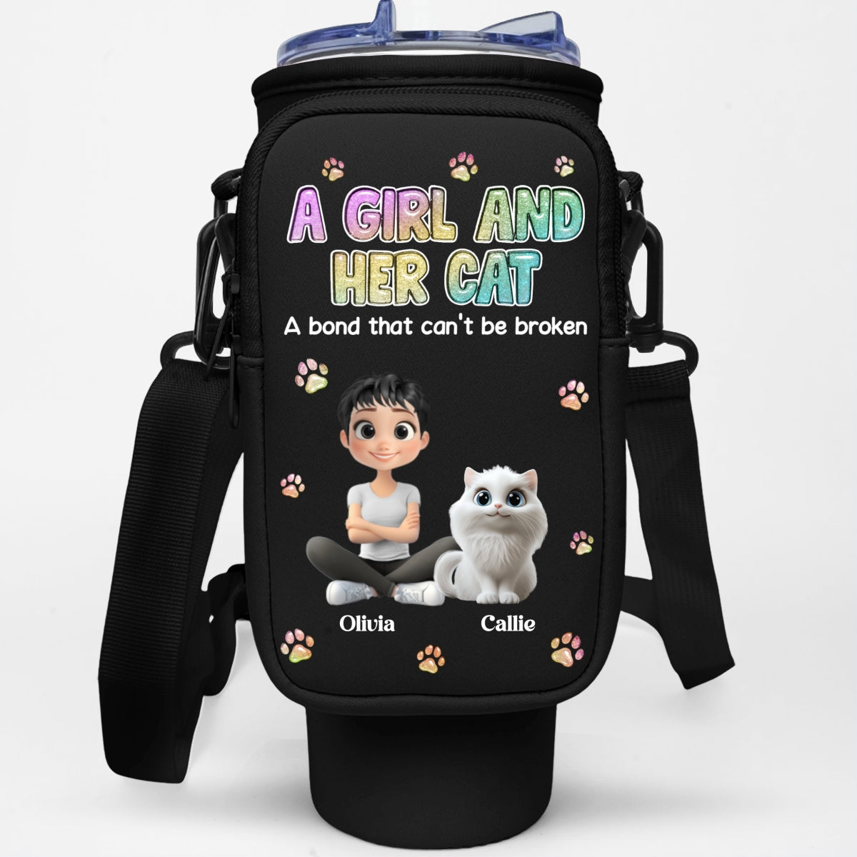 A Girl And Her Cat - Personalized Custom 40oz Tumbler or Water Bottle Carrier Bag with Detachable Pouch