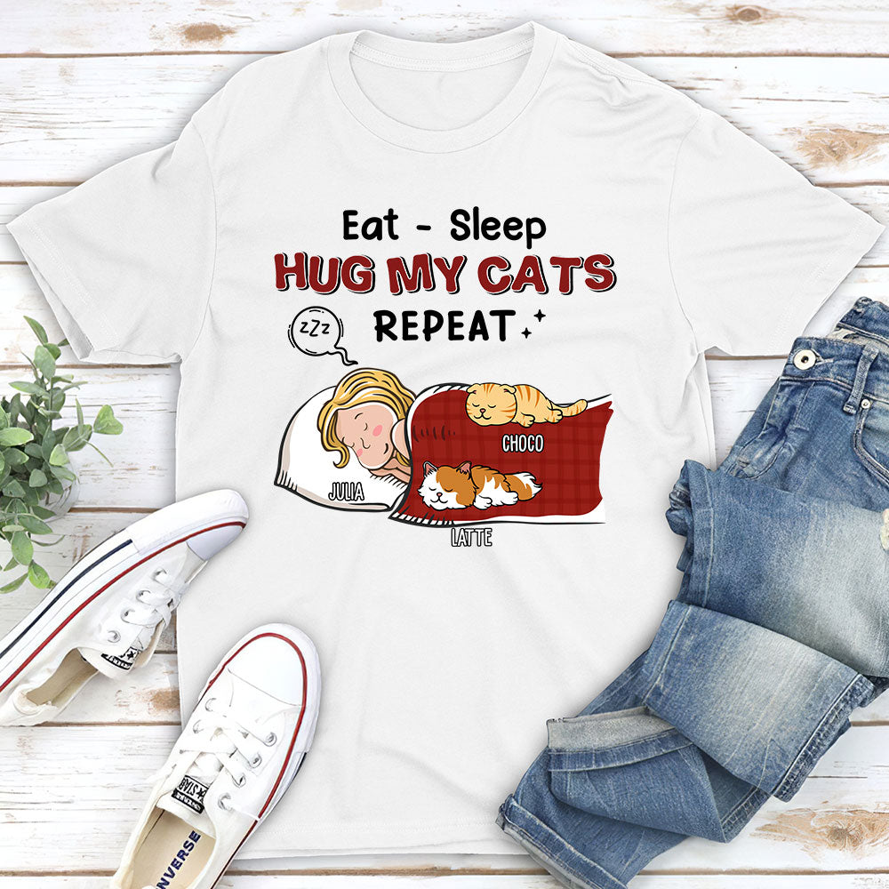 Eat Sleep Hug Cat Repeat - Customizable Unisex 5.3 oz Personalized T-shirt for Pet Lovers