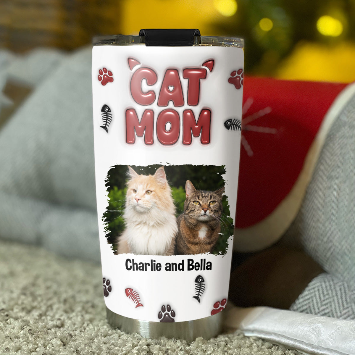 Personalized Custom 3D Inflated Effect Lovely Cat Mama Photo Tumbler - High - Quality 20oz Double - Walled Vacuum Insulated