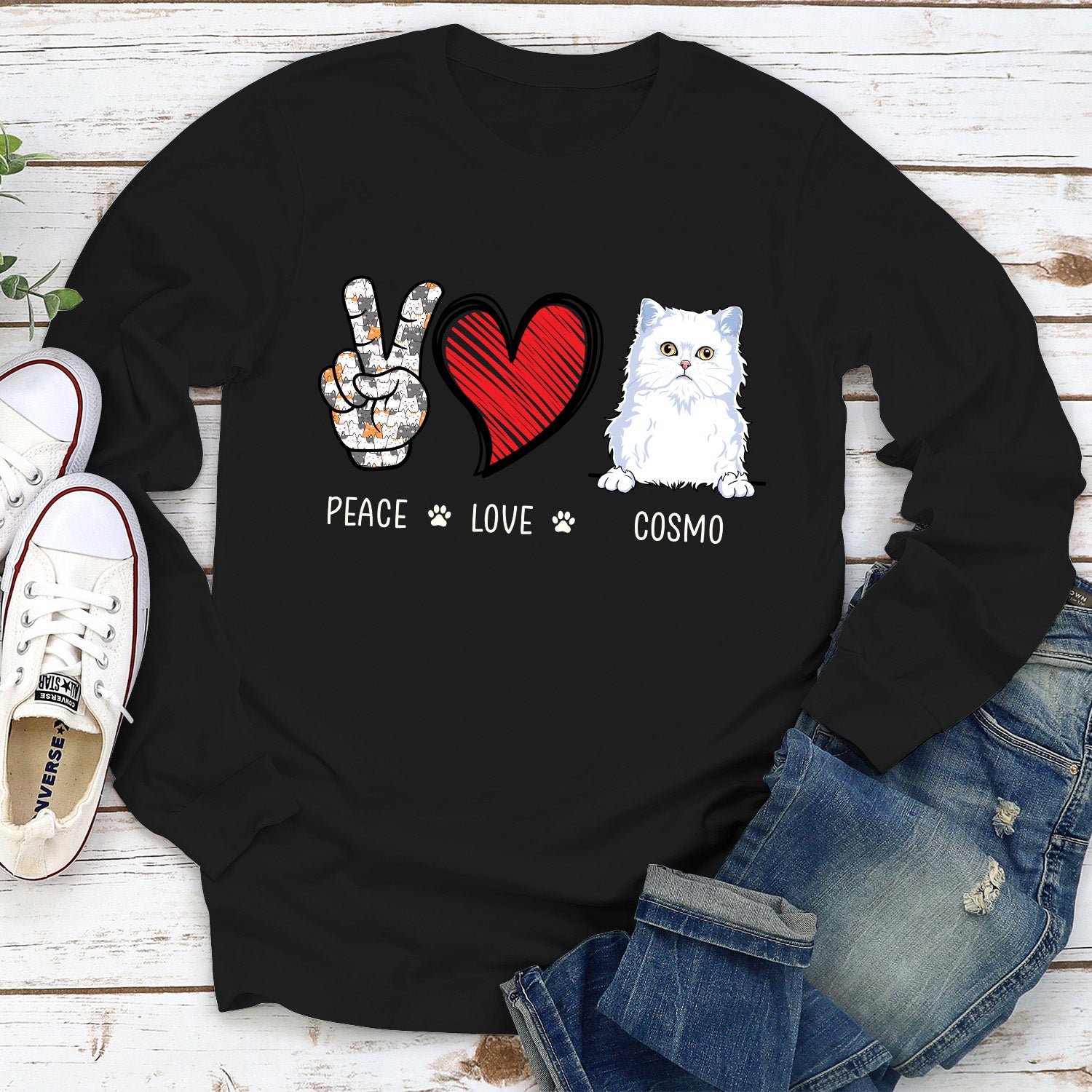 Peace Love Cat - Customizable Personalized Long Sleeve Unisex T-shirt for Pet Lovers