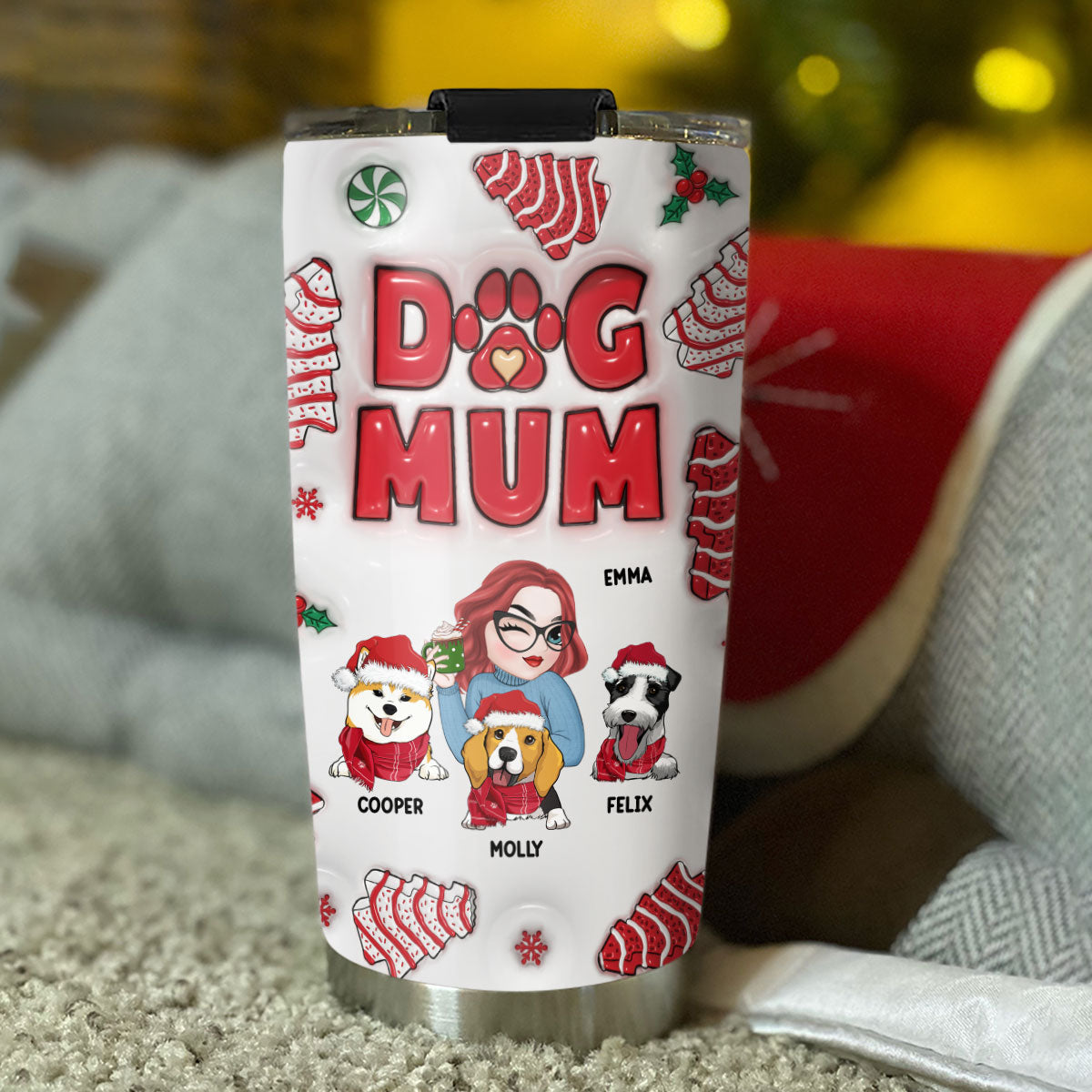 Customizable 3D Inflated Effect Personalized Dog Mom Christmas Tumbler - 20oz High - Quality Stainless Steel