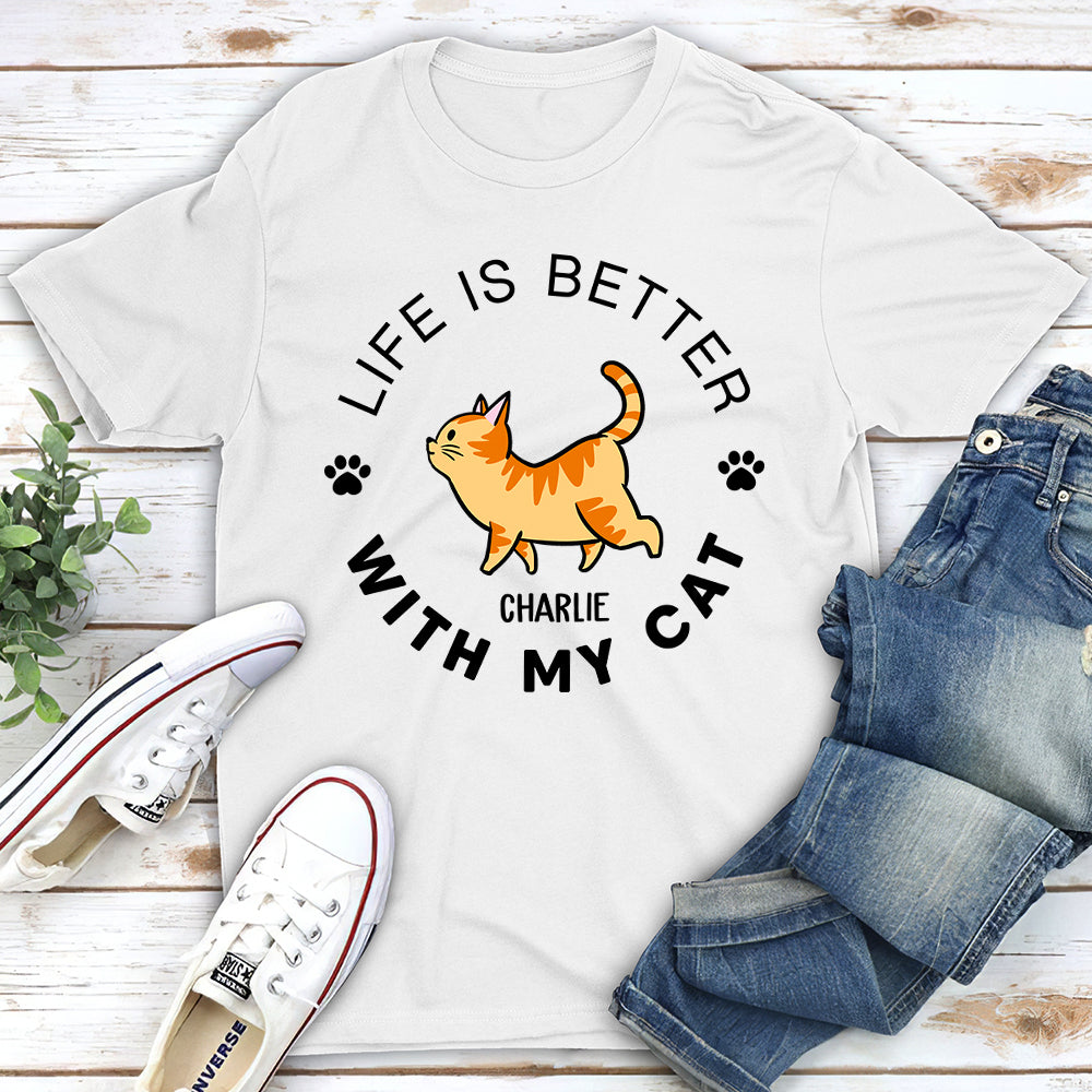 Life Is Better Walking Cat - Customizable Personalized Unisex 5.3 oz T-shirt