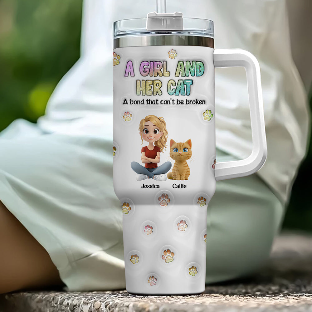 Personalized Custom 3D Inflated Effect Tumbler: A Girl And Her Cat Design