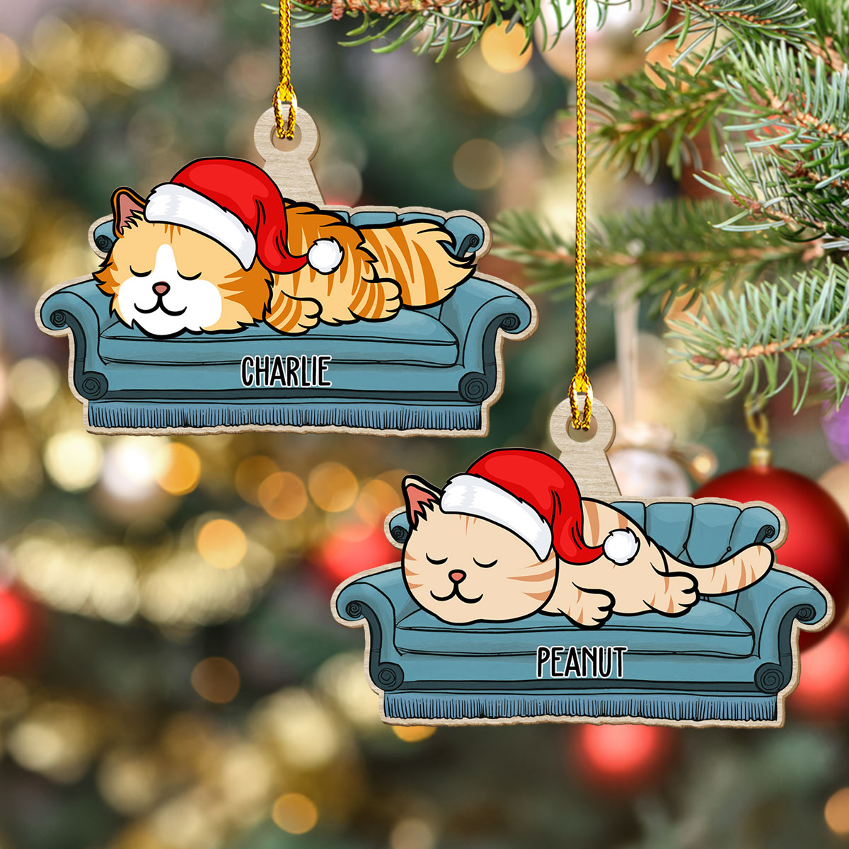 Personalized Custom 1-layered Sofa Cat Wood Christmas Ornament for Pet Lovers