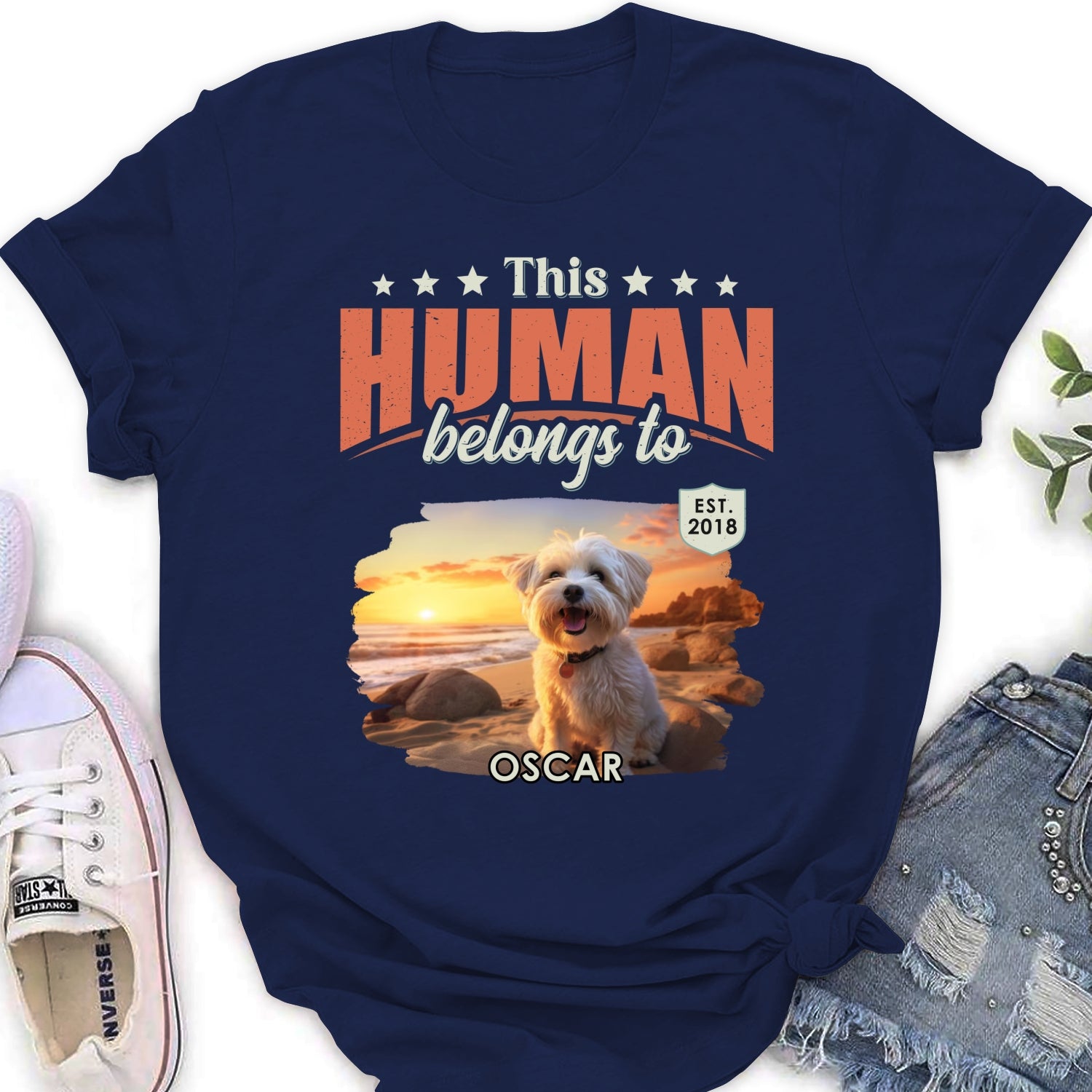 Personalized Custom Women's 'This Human Belongs To Dogs' Photo T-Shirt - Ideal Gift for Pet Lovers