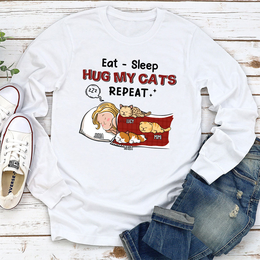 Eat Sleep Hug Cat Repeat - Customizable Personalized Long Sleeve Unisex T-shirt for Pet Lovers