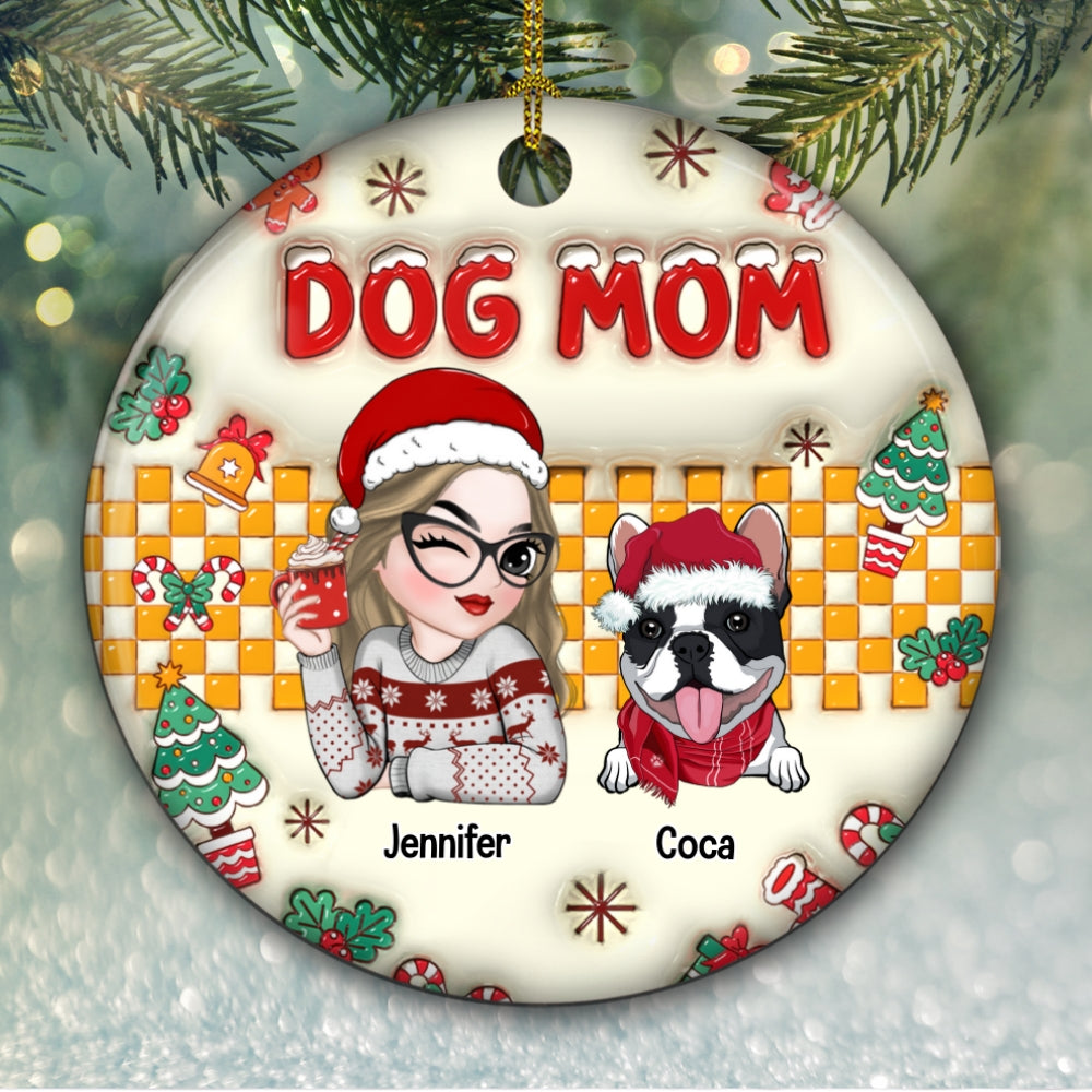 Unique Personalized Dog Mom Snow 3D Inflated Effect Ceramic Christmas Ornament