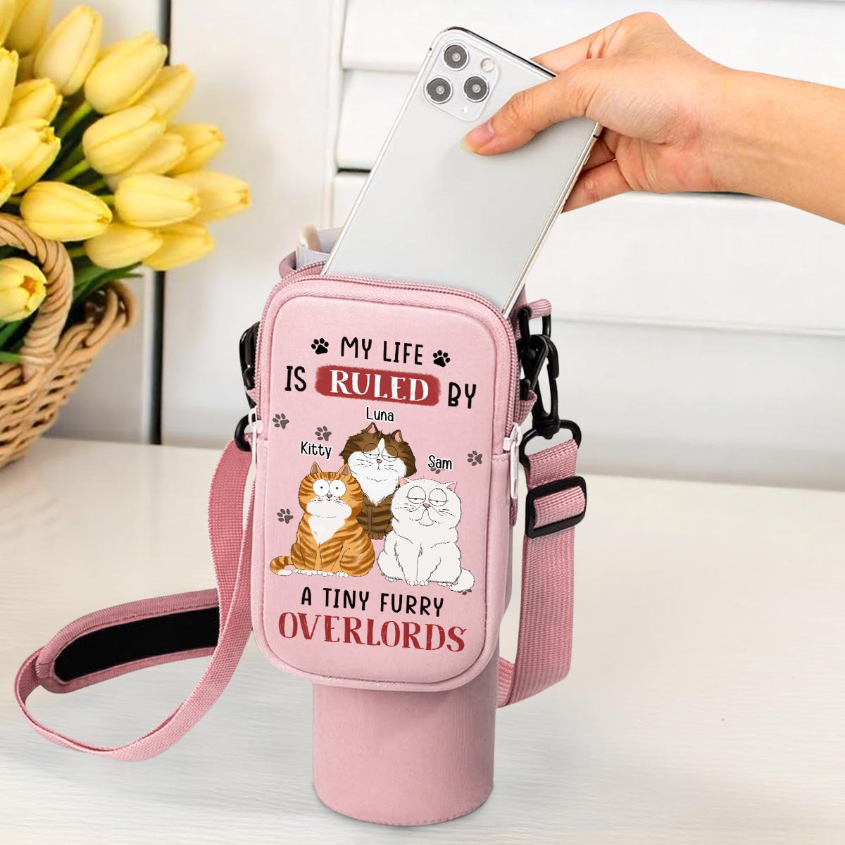 Tiny Furry Overlords - Premium Personalized Custom 40oz Water Bottle Carrier Bag for Daily Adventures