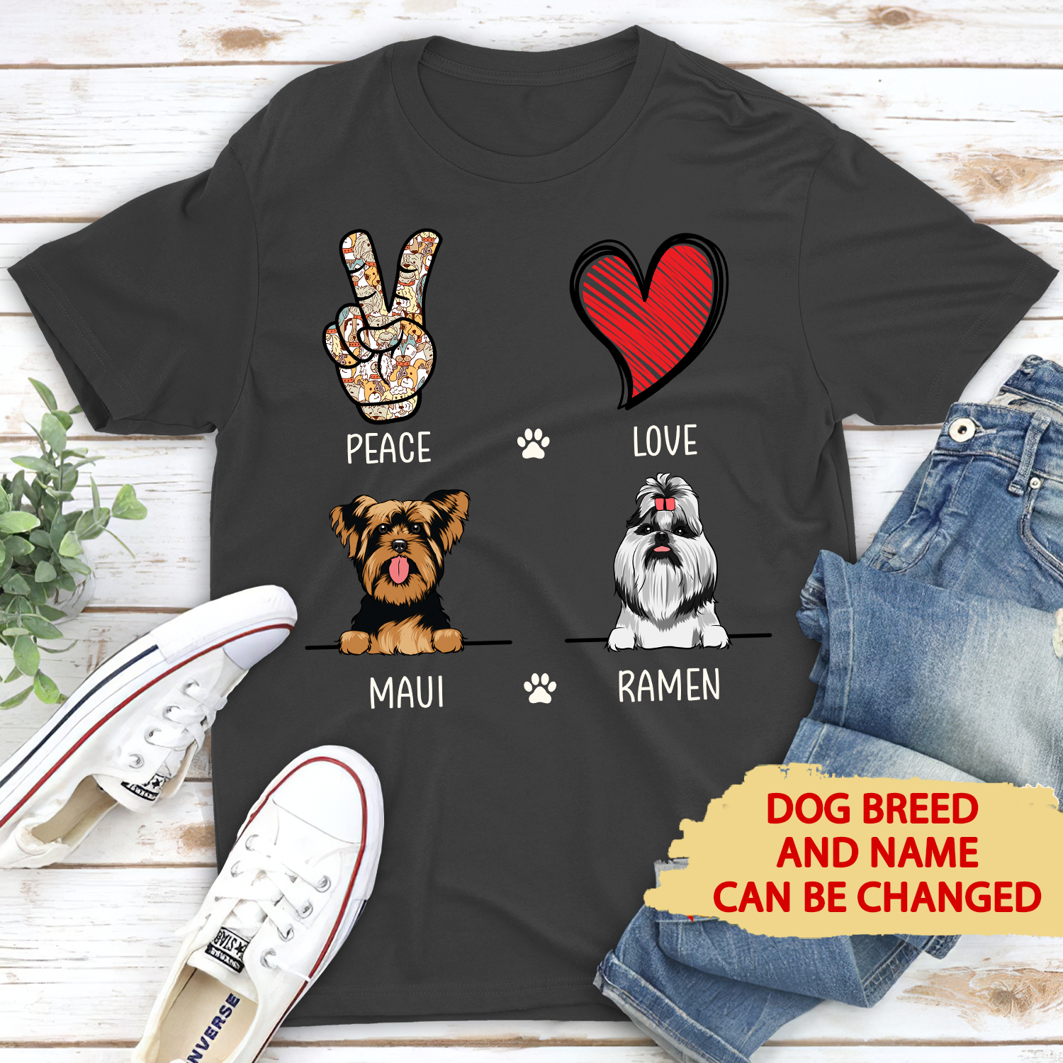 Peace Love Dog - Stylish Personalized Custom Unisex 5.3 oz T-shirt for Pet Lovers