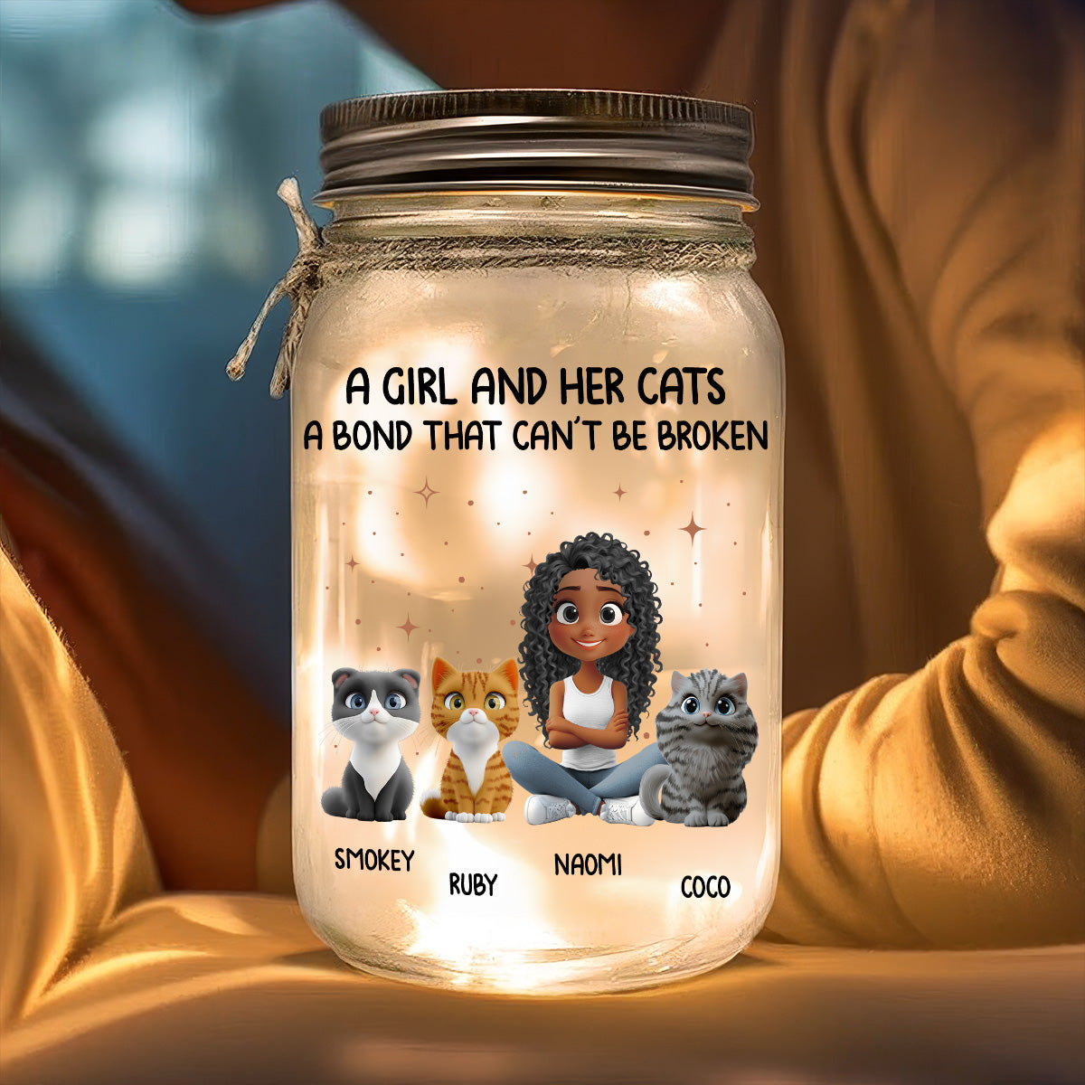 A Girl And Her Cat - 16oz Personalized Custom Mason Jar Light with Warm Starlights