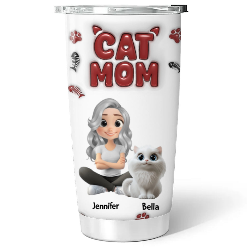 Charming Lovely Cat Mama Personalized Custom 3D Inflated Effect 20oz Stainless Steel Tumbler for All Occasions
