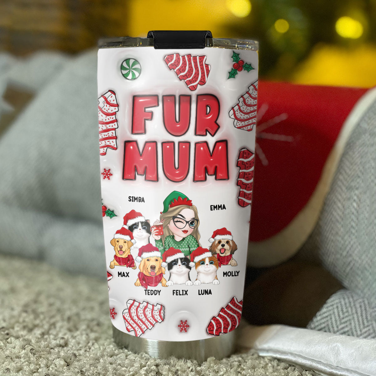 Personalized Custom 3D Inflated Effect Pet Mom Christmas Cake Tumbler - 20oz High - Quality Stainless Steel