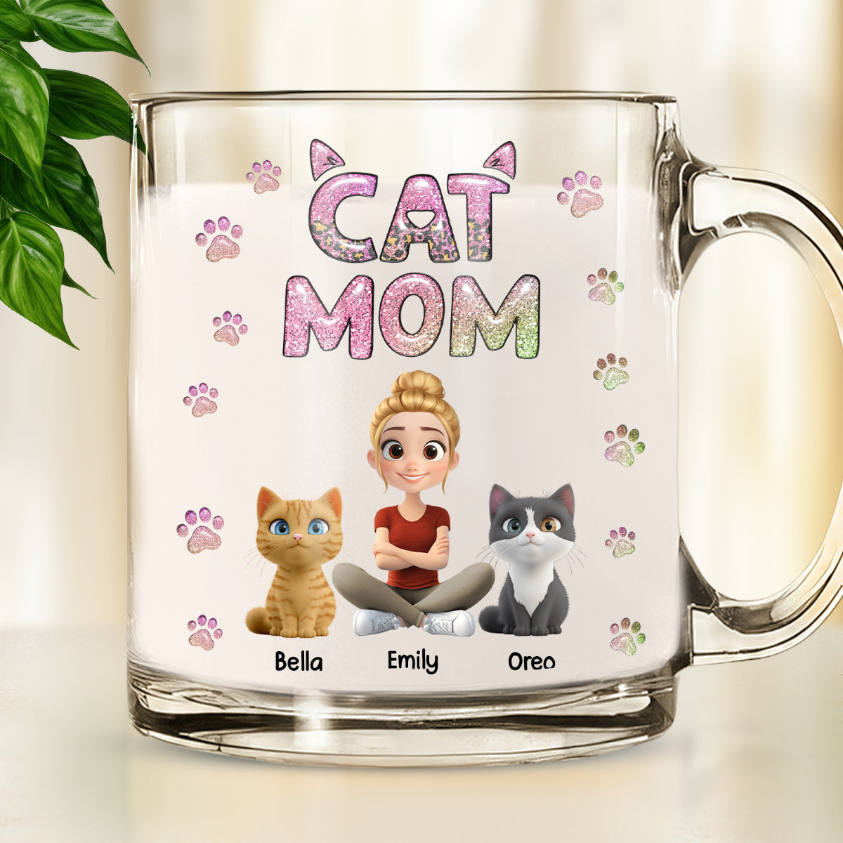Cat Mom Charming Personalized 3D Inflated Effect Custom Glass Mug - Lovely Chibi Style