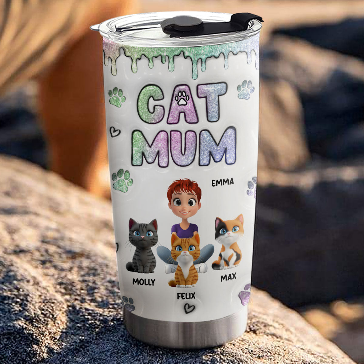 Adorable Chibi Cat Mom Personalized 3D Inflated Effect 20oz Stainless Steel Tumbler for All Occasions