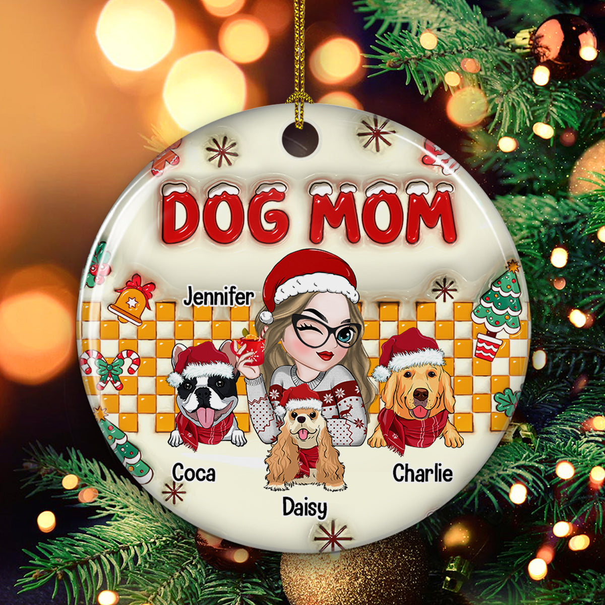 Unique Personalized Dog Mom Snow 3D Inflated Effect Ceramic Christmas Ornament