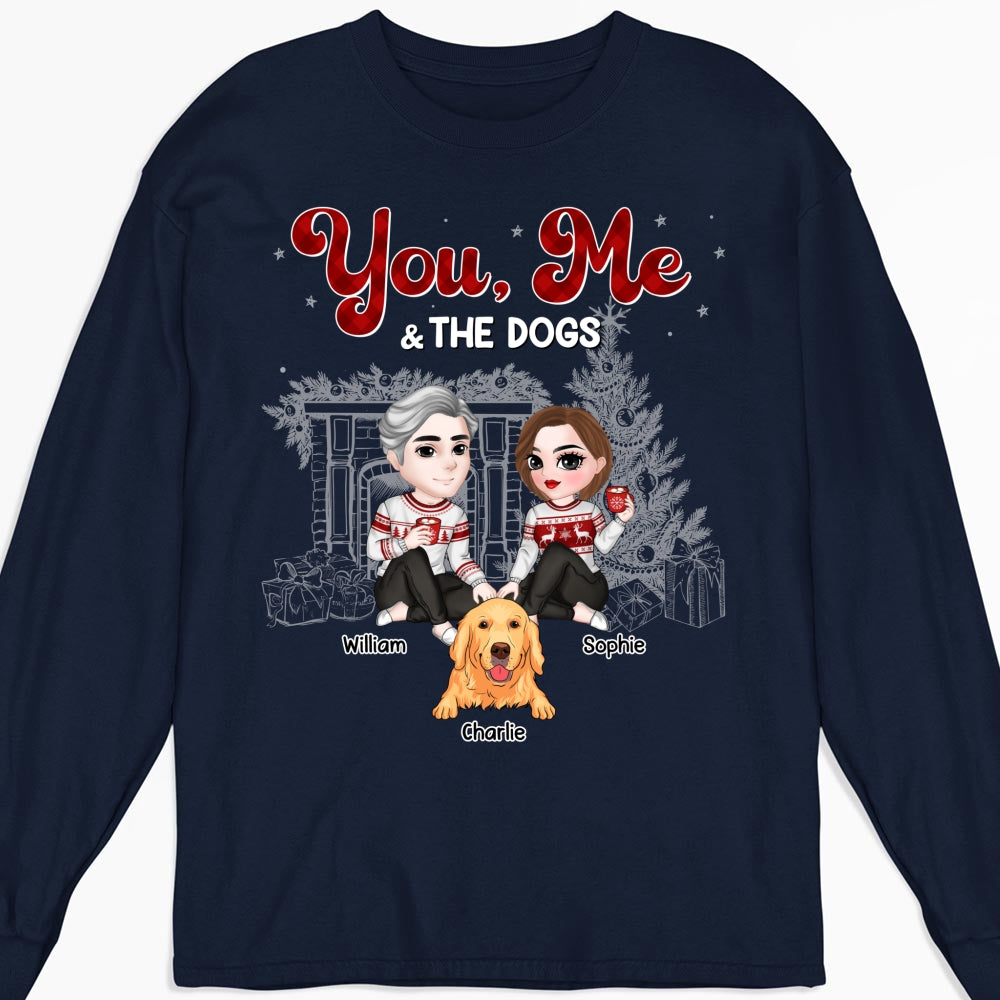 Customizable Couple And Their Dogs Christmas Personalized Long Sleeve Unisex T-shirt