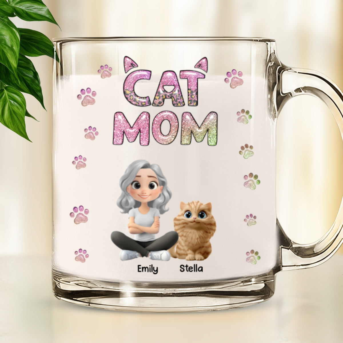 Cat Mom Charming Personalized 3D Inflated Effect Custom Glass Mug - Lovely Chibi Style