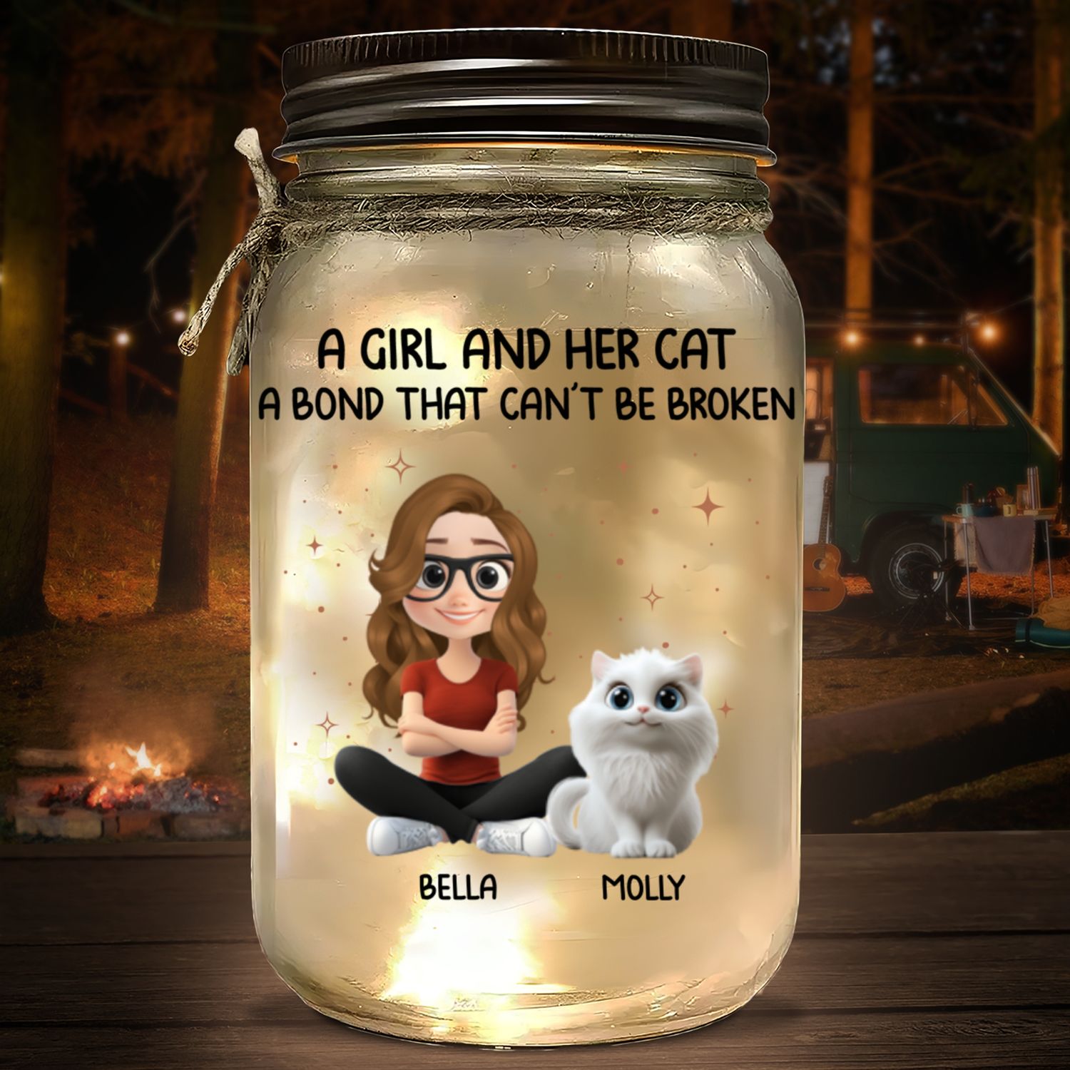 A Girl And Her Cat - 16oz Personalized Custom Mason Jar Light with Warm Starlights