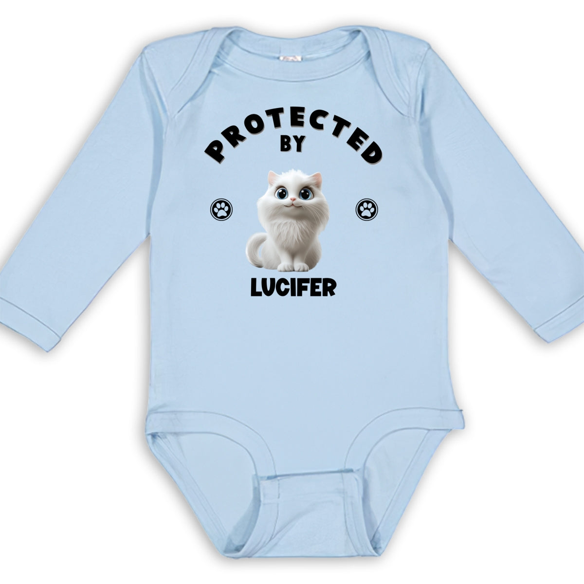 Adorable Personalized Custom Long Sleeve Baby Onesie with Human Protected By Cats Design