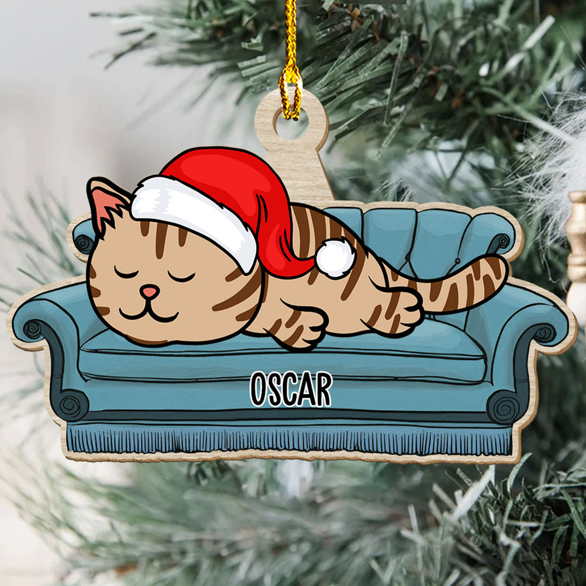Personalized Custom 1-layered Sofa Cat Wood Christmas Ornament for Pet Lovers