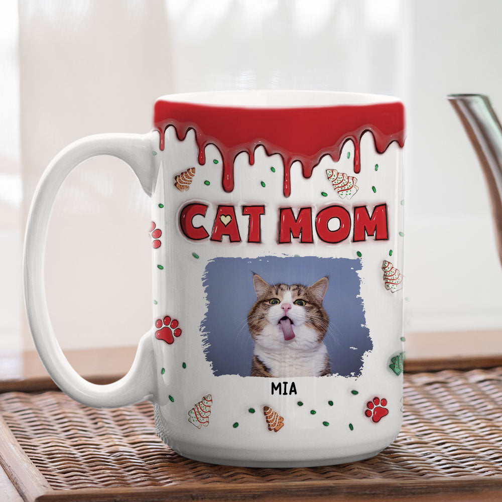 Personalized Custom 3D Inflated Effect Cat Mom Christmas Cake Photo Mug - 11oz & 15oz