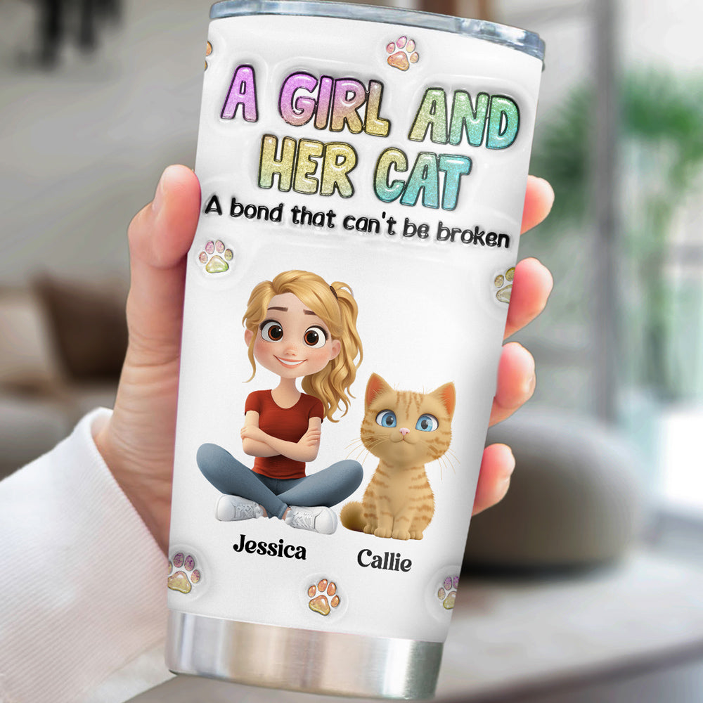 Personalized Custom 3D Inflated Effect Tumbler: A Girl And Her Cat Design