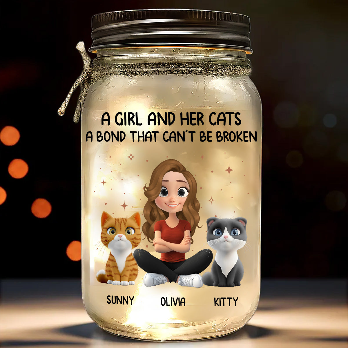 A Girl And Her Cat - 16oz Personalized Custom Mason Jar Light with Warm Starlights